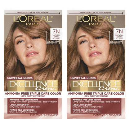 L’Oreal Paris Excellence Universal Nudes Permanent Hair Color, Ammonia Free Hair Dye for Gray Hair Coverage, 7N Natural Dark Blonde, 1 Kit (Pack of 2)