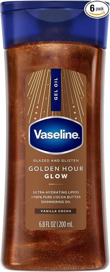 Vaseline Glazed and Glisten Golden Hour Body Gel Oil Glow Vanilla Cocoa Shimmering with Ultra-Hydrating Lipids and 100% Pure Cocoa Butter, 6.8 Oz (Pack of 6)