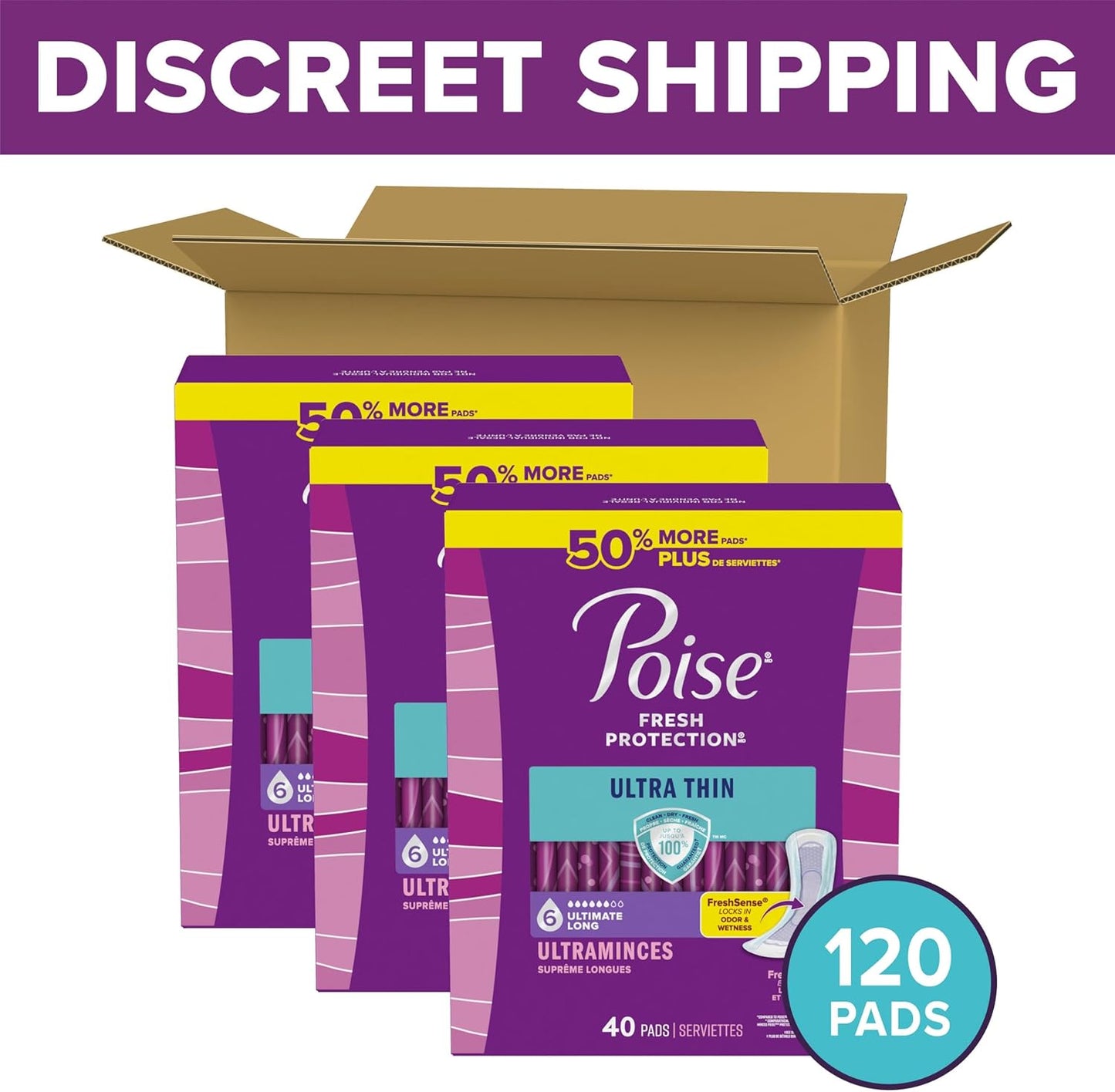 Poise Ultra Thin Incontinence & Postpartum Pads for Bladder Leaks, 6 Drop Ultimate Absorbency, Long Length, 120 Count (Packaging May Vary)