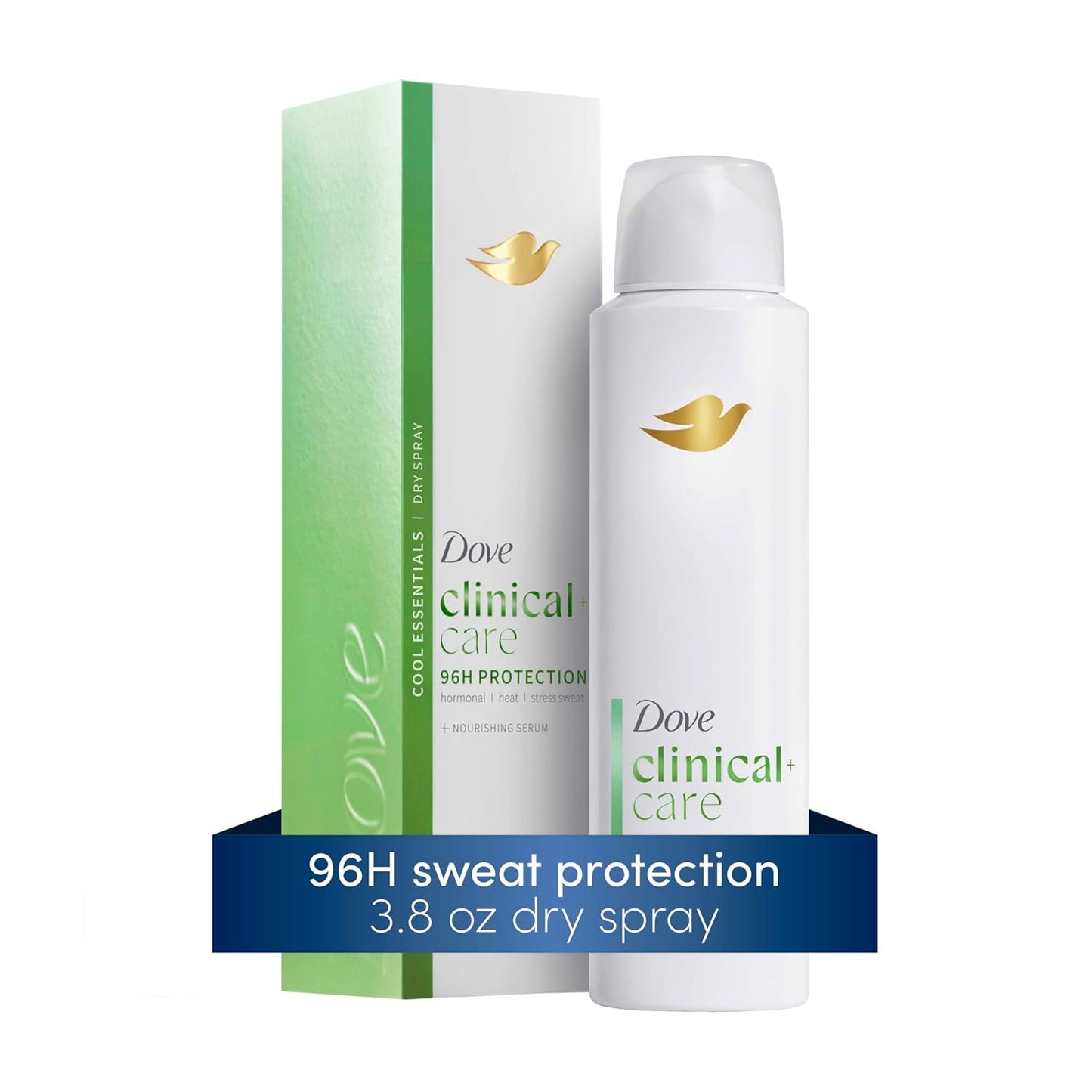 Dove Clinical + Care Antiperspirant Deodorant Dry Spray for Women, 96H Clinical Strength Sweat & Odor Protection, With Nourishing Serum, Cool Essentials with Cucumber Scent, 3.8 oz