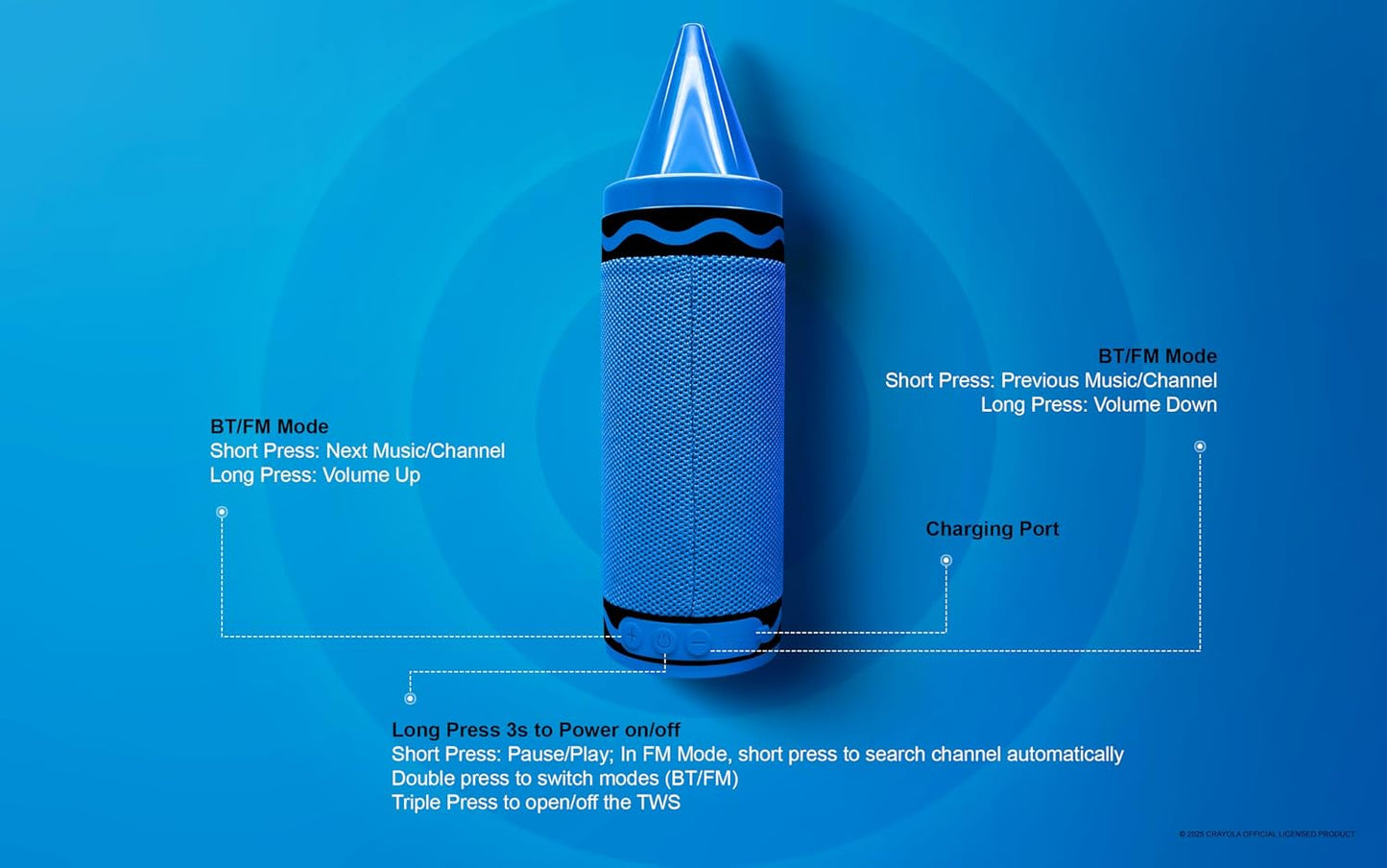 Crayola Kids Crayon Speakers Bluetooth, Portable Bluetooth Speakers | 20W Peak Power HD Sound, Mini Bluetooth Speaker Wireless with TWS Pairing BT 5.3, FM Radio Home/Party/Outdoor/Travel