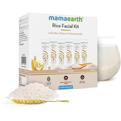 Mamaearth Rice Facial Kit, 60g | Includes cleanser, scrub, gel, massage cream, mask, and glow cream.