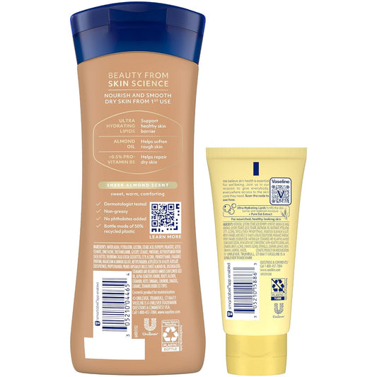 Vaseline Body Lotion, Almond Smooth, 72HR Moisture with Pro-Vitamin B5 + Travel-Friendly Nourishing Moisture Lotion for Extremely Dry Skin
