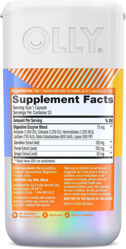 OLLY Beat The Bloat Capsules, Digestive Support Enzymes, Supplement for Women - 25 Count