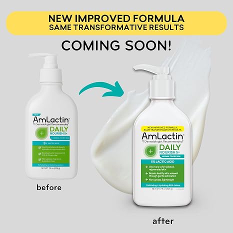 AmLactin Daily Nourish - Therapeutic Face and Body Lotion for Dry Skin - No-Scrub Exfoliator and Moisturizer with 5% Lactic Acid AHA, Safe for Sensitive Skin, 7.9 oz (Packaging May Vary) (Pack of 2)