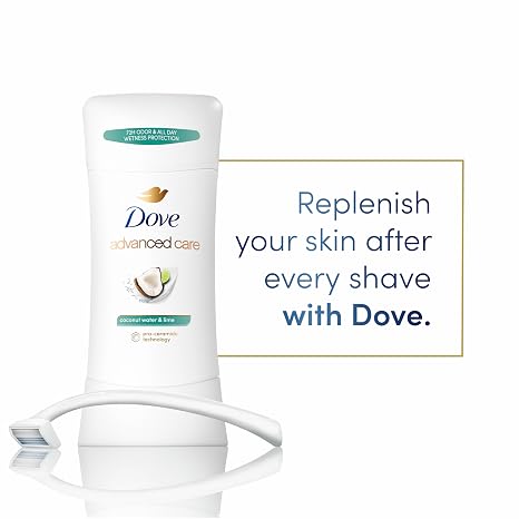 Dove Advanced Care Antiperspirant Deodorant Stick Coconut Water & Lime scent 4 Ct for helping skin barrier repair after shaving 72H odor control & all-day sweat protection for soft underarms 2.6 oz