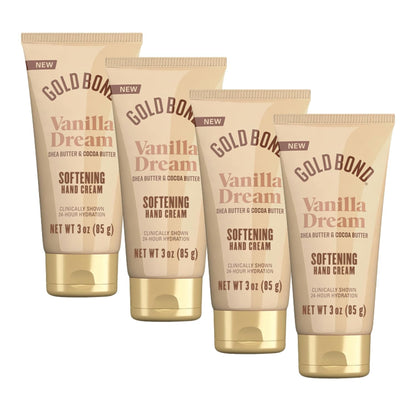 Gold Bond Vanilla Dream Softening Hand Cream Set, Luxurious Everyday Hand Cream with Shea Butter to Help Boost Skin Moisture and Cocoa Butter to Help Soften Skin, Warm Vanilla Dream Scent, 3 oz, 4 pk