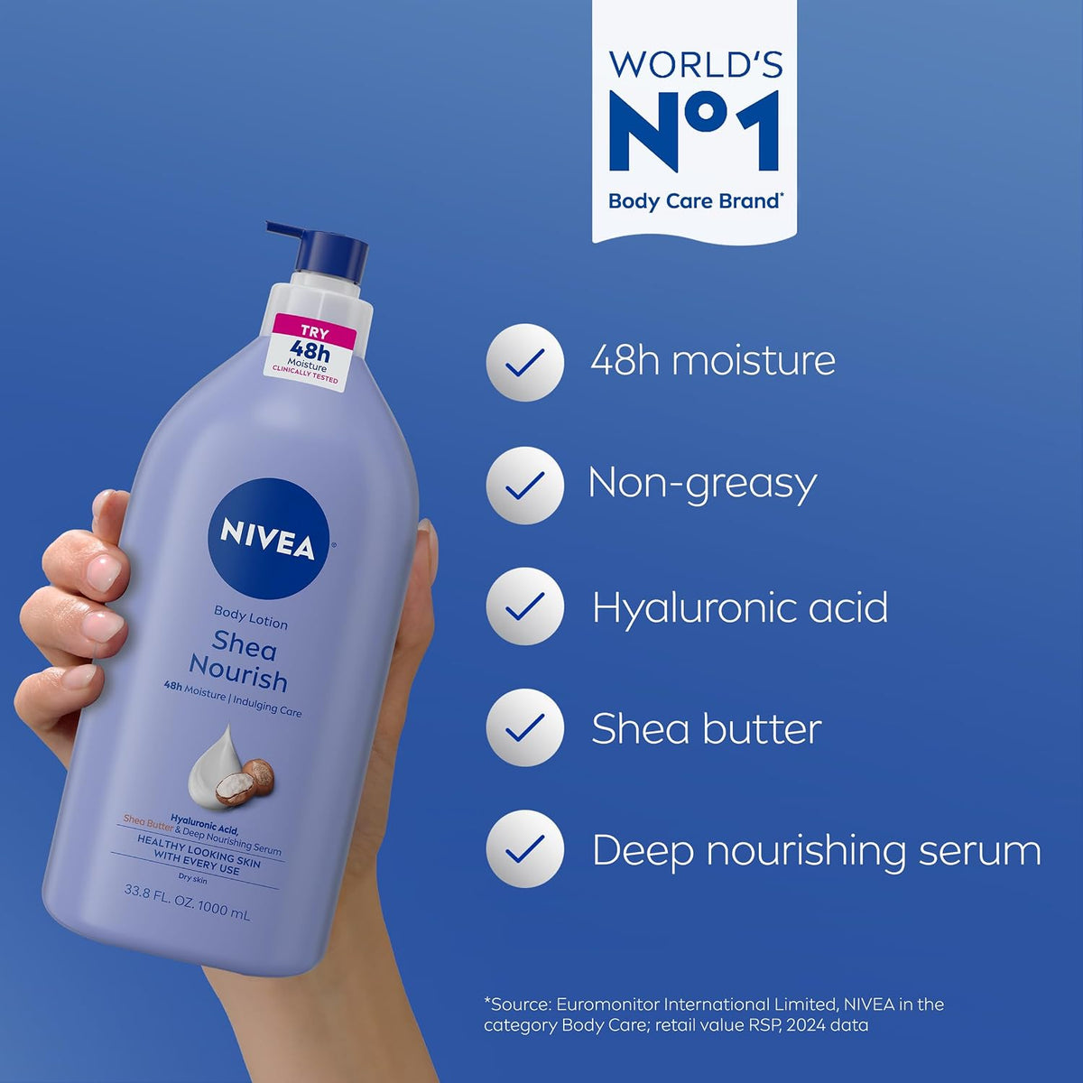 NIVEA Shea Nourish Body Lotion, Shea Butter & Hyaluronic Acid, 33.8 Fl Oz