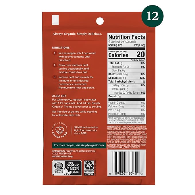 Simply Organic Chicken Flavored Gravy Mix, 0.85 Ounce 12-Pack, Certified Organic, Gluten-Free, Kosher, Rich Chicken Gravy