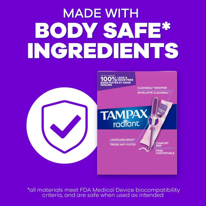 Tampax Radiant Tampons for Women Multipack, with LeakGuard Braid, Regular/Super/Super Plus Absorbency, Unscented, 112 Count (4 Packs of 28), Packaging May Vary