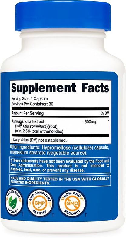 Nutricost Ashwagandha Root Extract Herbal Supplement 600mg, 30 Capsules - Vegetarian, GMO-Free, Gluten Free