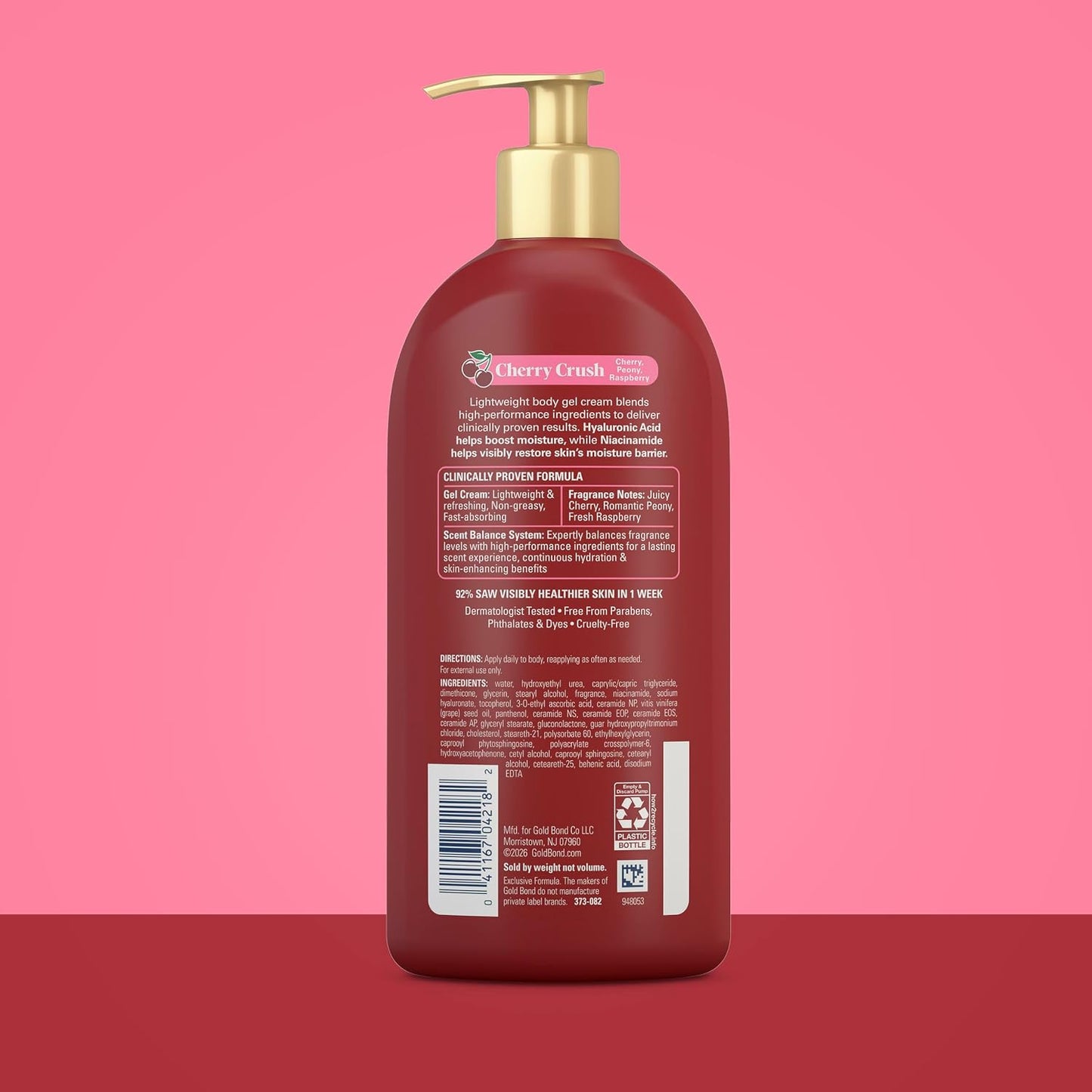 Gold Bond Cherry Crush Hydrating Gel Cream, Juicy Cherry Crush Scent, 24-Hour Hydrating Body Lotion with Hyaluronic Acid and Niacinamide, 14 oz.