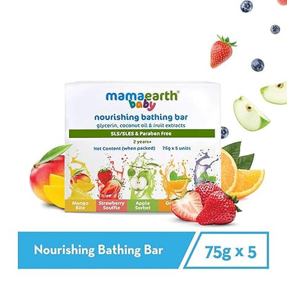 MAMAEARTH Fruit Infused Bathing Bar, 5 x 75g | Formulated with apple, orange, blueberry, strawberry, and mango extracts.