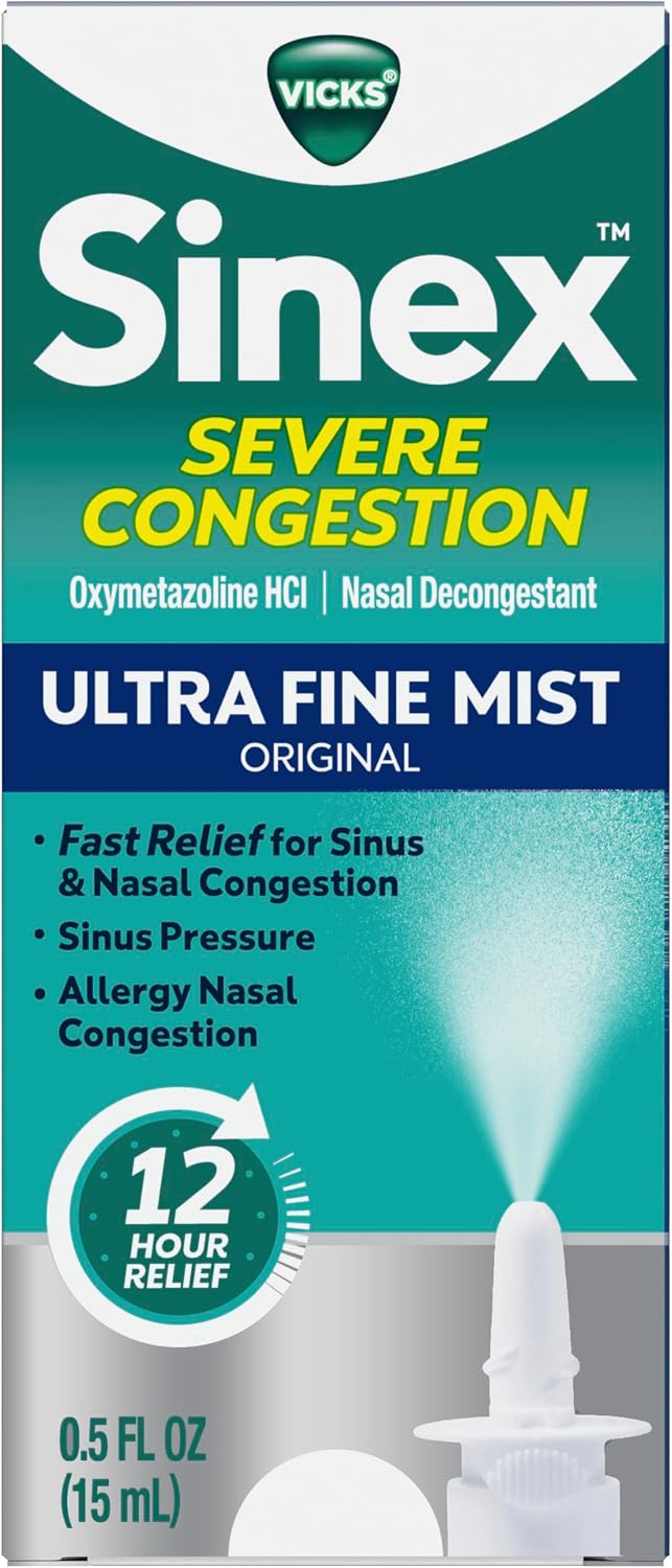 Vicks Sinex SEVERE Nasal Spray, Original Ultra Fine Mist, Decongestant Medicine, Relief from Stuffy Nose due to Cold or Allergy, & Nasal Congestion, Sinus Pressure Relief, 265 Sprays