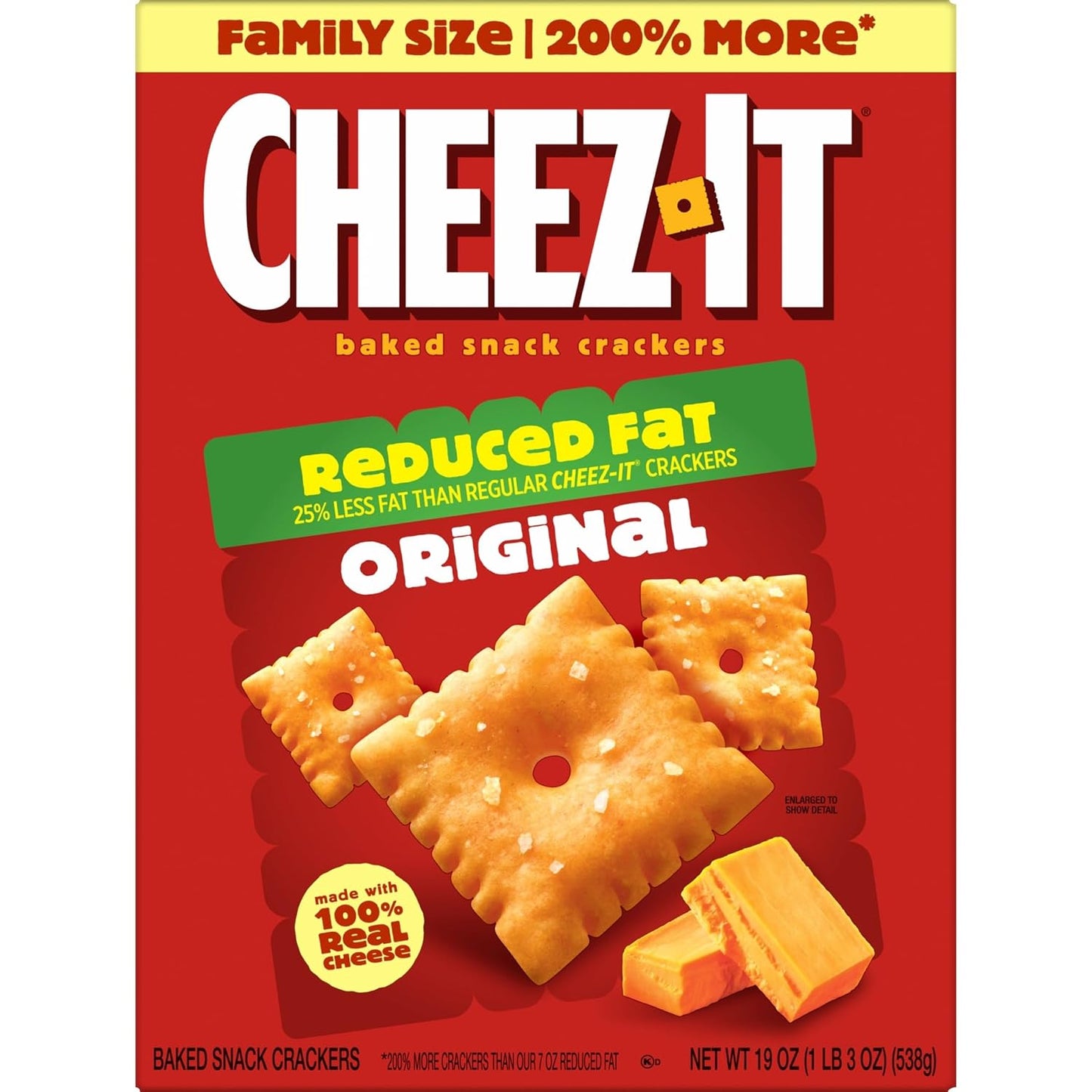 Cheez-It Cheese Crackers, Baked Snack Crackers, Lunch Snacks, Family Size, Reduced Fat Original, 19oz Box (1 Box) (Pack of 2)