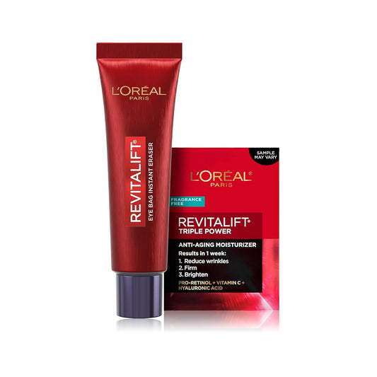 L'Oreal Paris Revitalift Triple Power Eye Bag Instant Eraser, Eye Tightener Treatment to Firm Bags, 0.5 oz + Sample