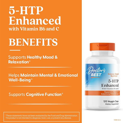 Doctors Best 5-HTP Enhanced with Vitamins B6 & C, Non-GMO, 120 Veg Caps