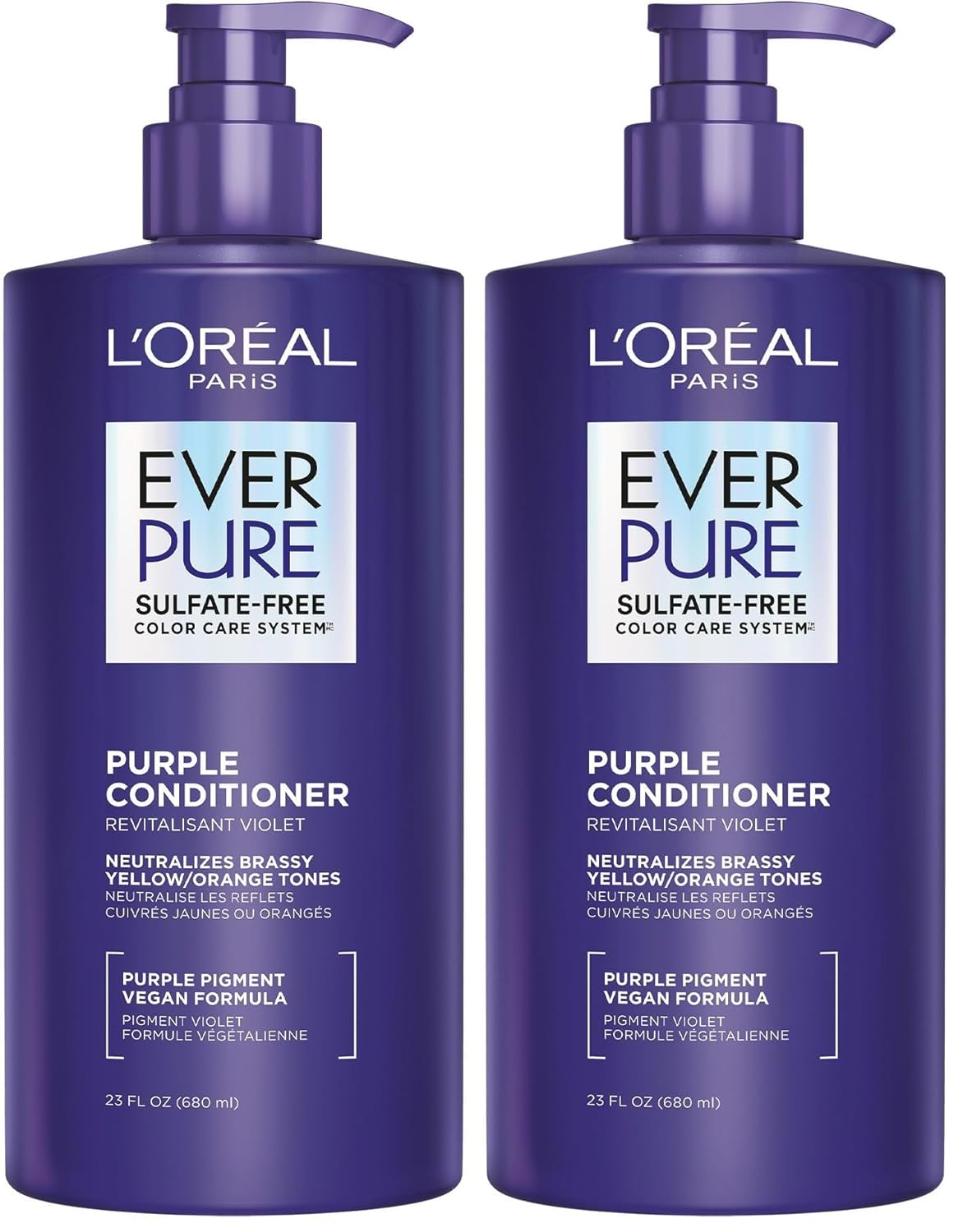 L’Oreal Paris Sulfate Free Brass Toning Purple Conditioner for Blonde,Bleached,Silver,or Brown Highlighted Hair,EverPure,23 Fl Oz (Packaging May Vary),(Pack of 2)