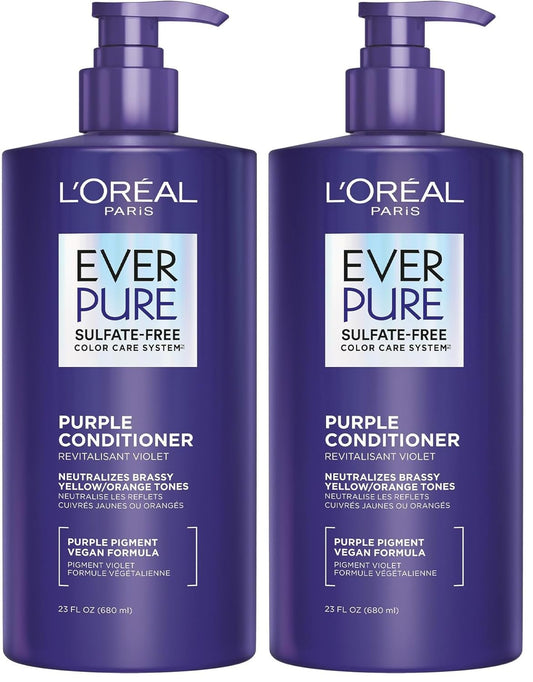 L’Oreal Paris Sulfate Free Brass Toning Purple Conditioner for Blonde,Bleached,Silver,or Brown Highlighted Hair,EverPure,23 Fl Oz (Packaging May Vary),(Pack of 2)