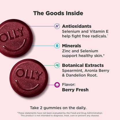 OLLY Flawless Complexion Gummy, Clear and Healthy Skin Support, Vitamins E, A, Zinc, Chewable Supplement, Berry - 50 Count (Pack of 12)