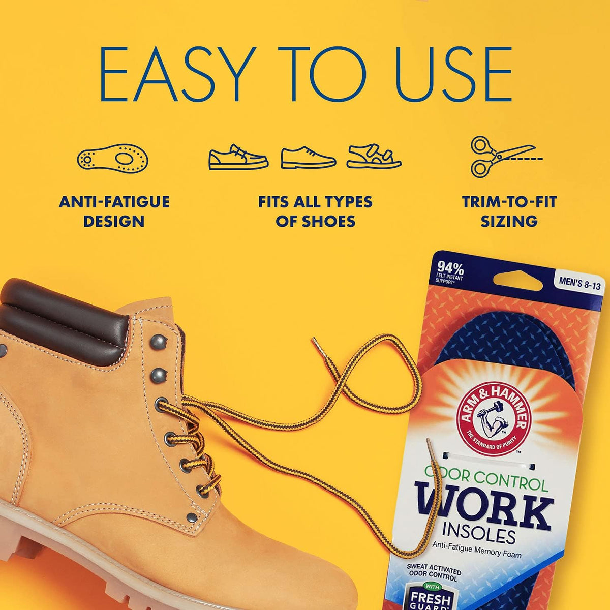 Arm & Hammer Work Boot Insoles, Memory Foam Arch Support, 3 Pack