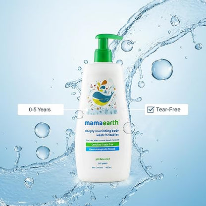 Mamaearth Deeply Nourishing Baby Body Wash | Tear Free Formula with Natural Cleansers | Hydrating Coconut & Jojoba Oil | Moisturizes Delicate Skin of Babies | 13.53 Fl Oz (400ml) | Baby body wash formulated with coconut and jojoba oil.