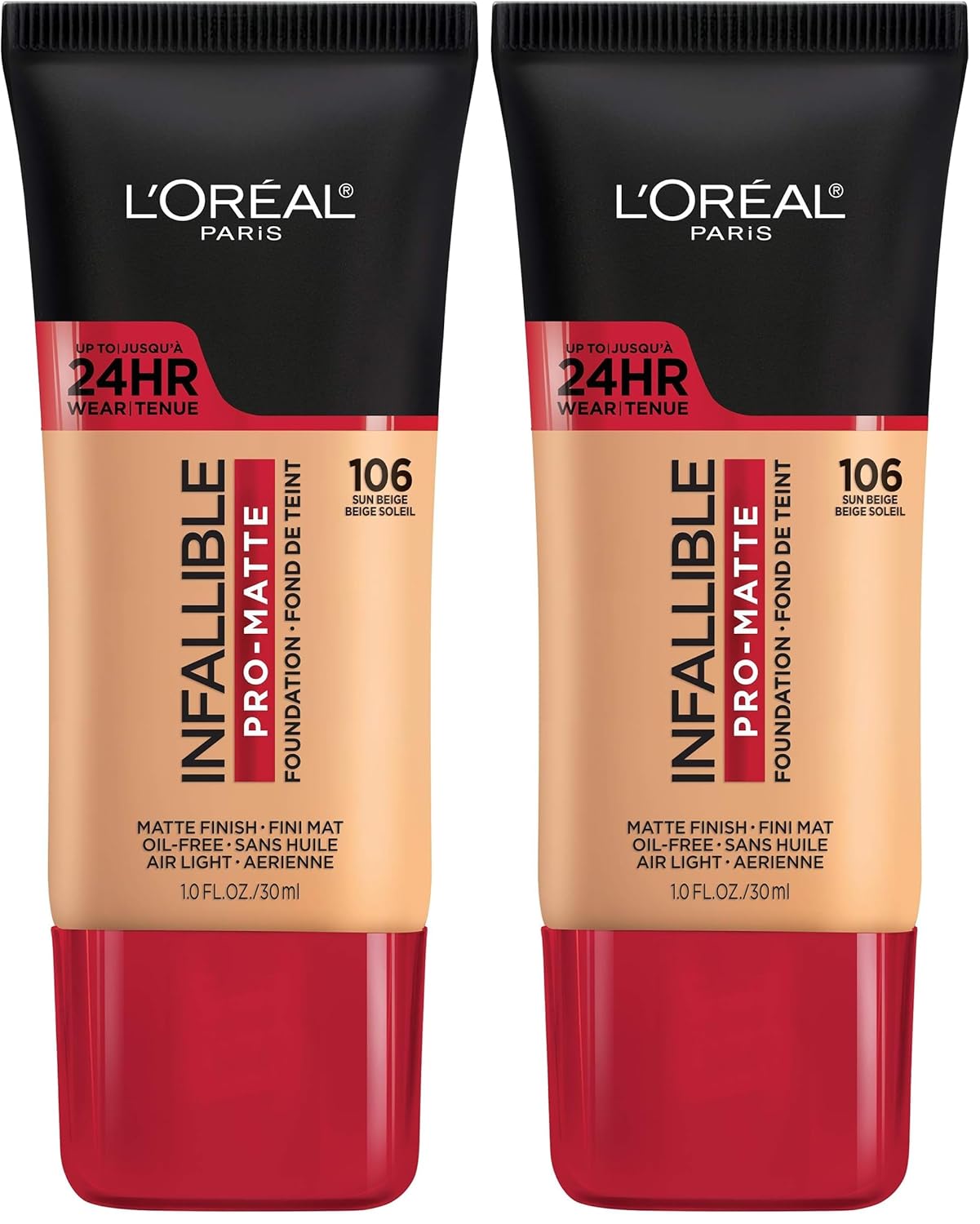L'Oreal Paris Cosmetics Makeup Infallible Pro-Matte Liquid Longwear Foundation, Sun Beige, 1 fl oz (Pack of 2)