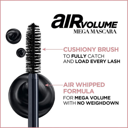 L’Oréal Paris Makeup Air Volume Mega Mascara, Lightweight & Long-lasting Volumizing Mascara for Voluminous Eyelashes, Washable Black Brown, 0.3 Fl Oz