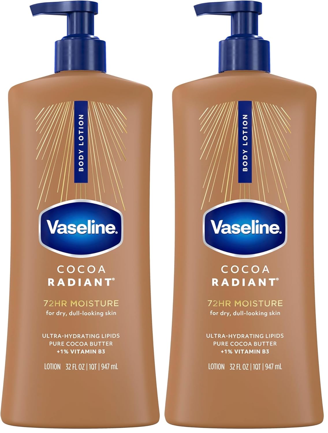 Vaseline Intensive Care Body Lotion Cocoa Radiant for Dry Skin Lotion Made with Ultra-Hydrating Lipids and Pure Cocoa Butter for a Long-Lasting, Radiant Glow 32 Oz (Pack of 2)