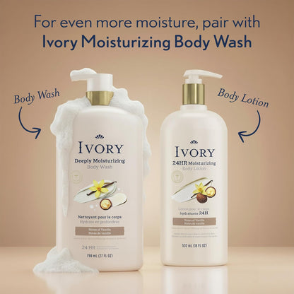 Ivory Hand & Body Lotion, 24hr Moisturizing, Repairs Extra Dry Skin, All Day Hydration, Lightweight Formula, Absorbs Instantly, Perfect for Daily Use, Shea Butter Blend, Vanilla Scent, 18 fl oz