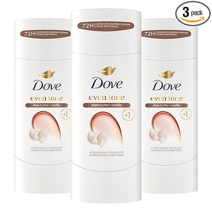 Dove Antiperspirant Deodorant Stick Even Tone Shea Butter & Vanilla Pack of 3 for 48h Odor and Sweat Protection & Skin Restoration, with Niacinamide & Visible Results in 3 Weeks, 2.6 oz