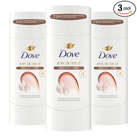 Dove Antiperspirant Deodorant Stick Even Tone Shea Butter & Vanilla Pack of 3 for 48h Odor and Sweat Protection & Skin Restoration, with Niacinamide & Visible Results in 3 Weeks, 2.6 oz