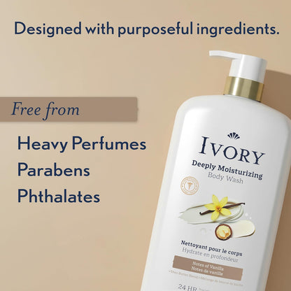 Ivory Deeply Moisturizing Body Wash, 24hr Nourishing Hydration, Soothes Itchy Dry Skin, Made with Shea Butter Blend, Free of Dyes Heavy Perfumes Parabens & Phthalates, Vanilla Scent, 27 oz