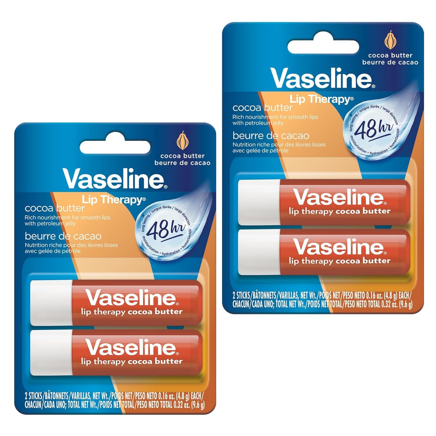Vaseline Lip Therapy Cocoa Butter, Twin Stick, 48 Hour Moisturization, 2 Count