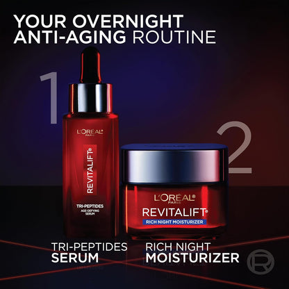 L'Oreal Paris Revitalift Triple Power Rich Night Cream, Anti Aging Moisturizer With Glycolic Acid, Vitamin C & Hyaluronic Acid, Visibly Smooths Texture, Reduces Fine Lines & Evens Skin Tone, 2.55 oz