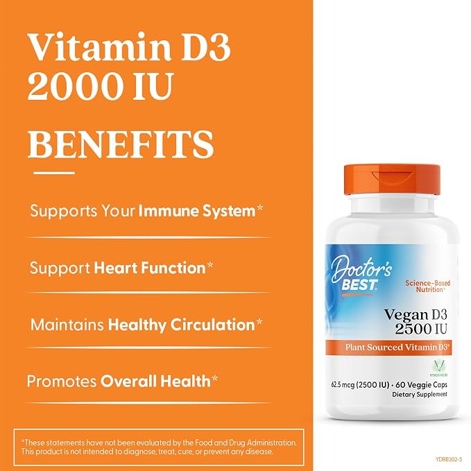 Doctor's BEST Vegan Vitamin D3 2500 IU Veg Caps, 60 Veggie Capsules