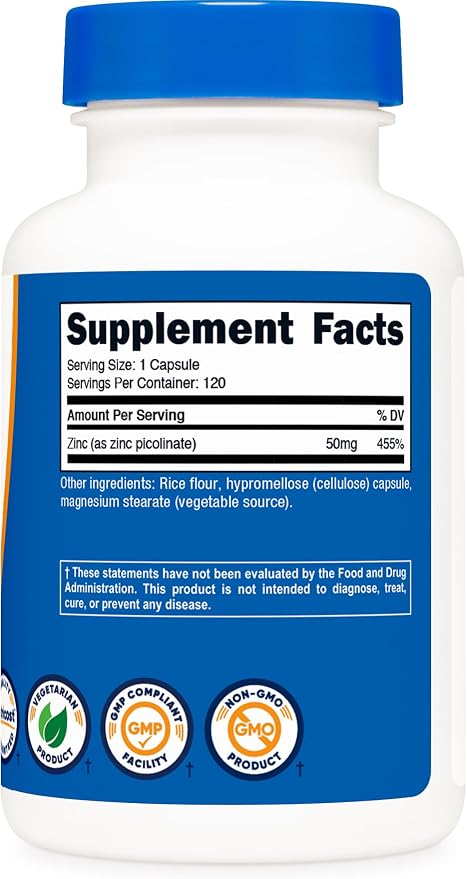 Nutricost Zinc Picolinate 50mg, 120 Vegetarian Capsules, Gluten-Free