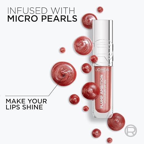 L'Oreal Paris Plump Ambition Hyaluron Lip Oil Shimmer, 24 HR Lip Gloss with Hyaluronic Acid, Volumizing Formula with Glass-Like Shine, Mauve Lights, 0.16 fl oz