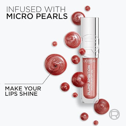 L'Oreal Paris Plump Ambition Hyaluron Lip Oil Shimmer, 24 HR Lip Gloss with Hyaluronic Acid, Volumizing Formula with Glass-Like Shine, Quartz Lights, 0.16 fl oz