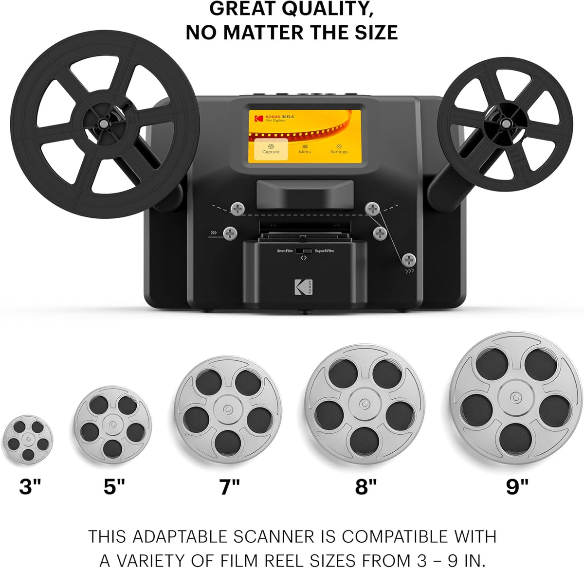 KODAK REELS 8mm & Super 8 Film Digitizer, 1080p MP4, 5" LCD, 8MP Scanner