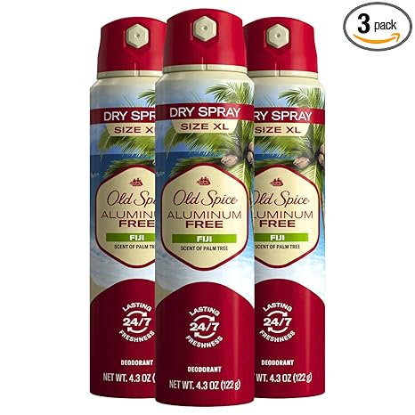Old Spice Men's Aluminum Free Deodorant Dry Body Spray, Fiji, 24/7 Odor Protection, 4.3oz (Pack of 3)