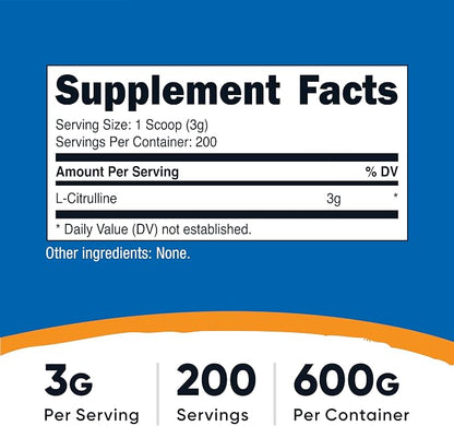 Nutricost Pure L-Citrulline (Base) Powder (600 Grams)