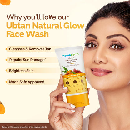 Mamaearth Ubtan De Tan Face Wash | Helps Reduce Tanning & Sun Damage | Gently Cleanses Dirt & Excess Oil | Enriched with Turmeric & Saffron | 5.07 Fl Oz (150ml)
