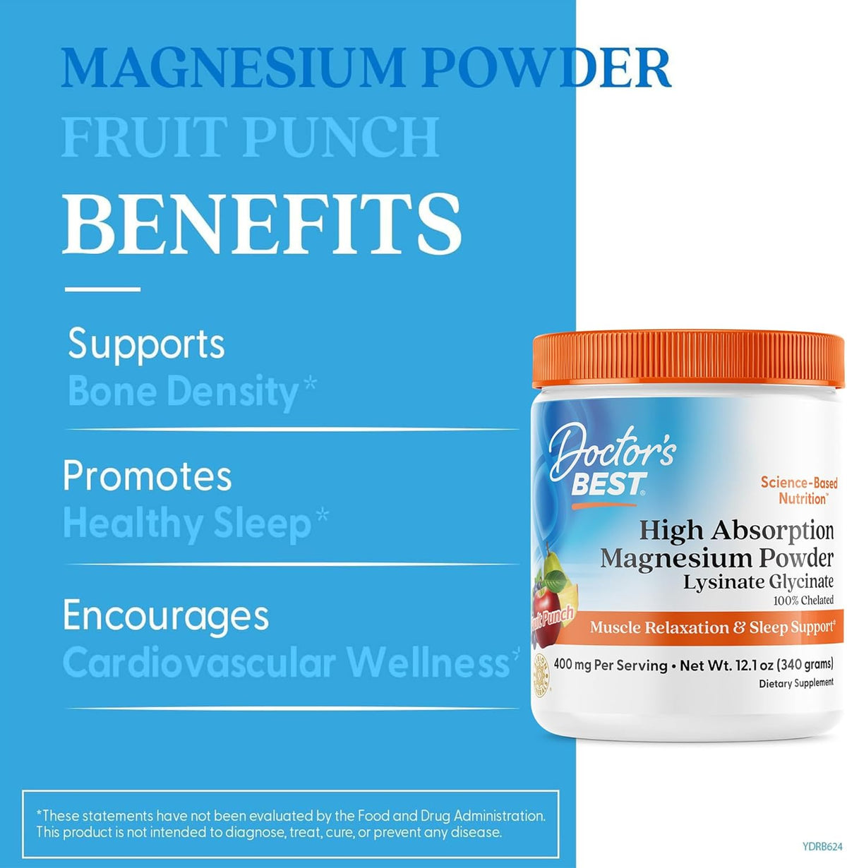 Doctor's Best Magnesium Glycinate Powder, Fruit Punch Flavor, 12.1 oz