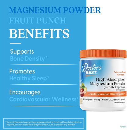 Doctor's Best Magnesium Glycinate Powder, Fruit Punch Flavor, 12.1 oz