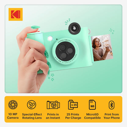 Kodak Smile+ 2-in-1 Digital Instant Print Camera & Wireless Bluetooth Photo Printer - 10MP, Special-Effect Rotating Lens, Zink 2x3” Sticky-Back Photos, Print via Fun App from Smart Devices - Green