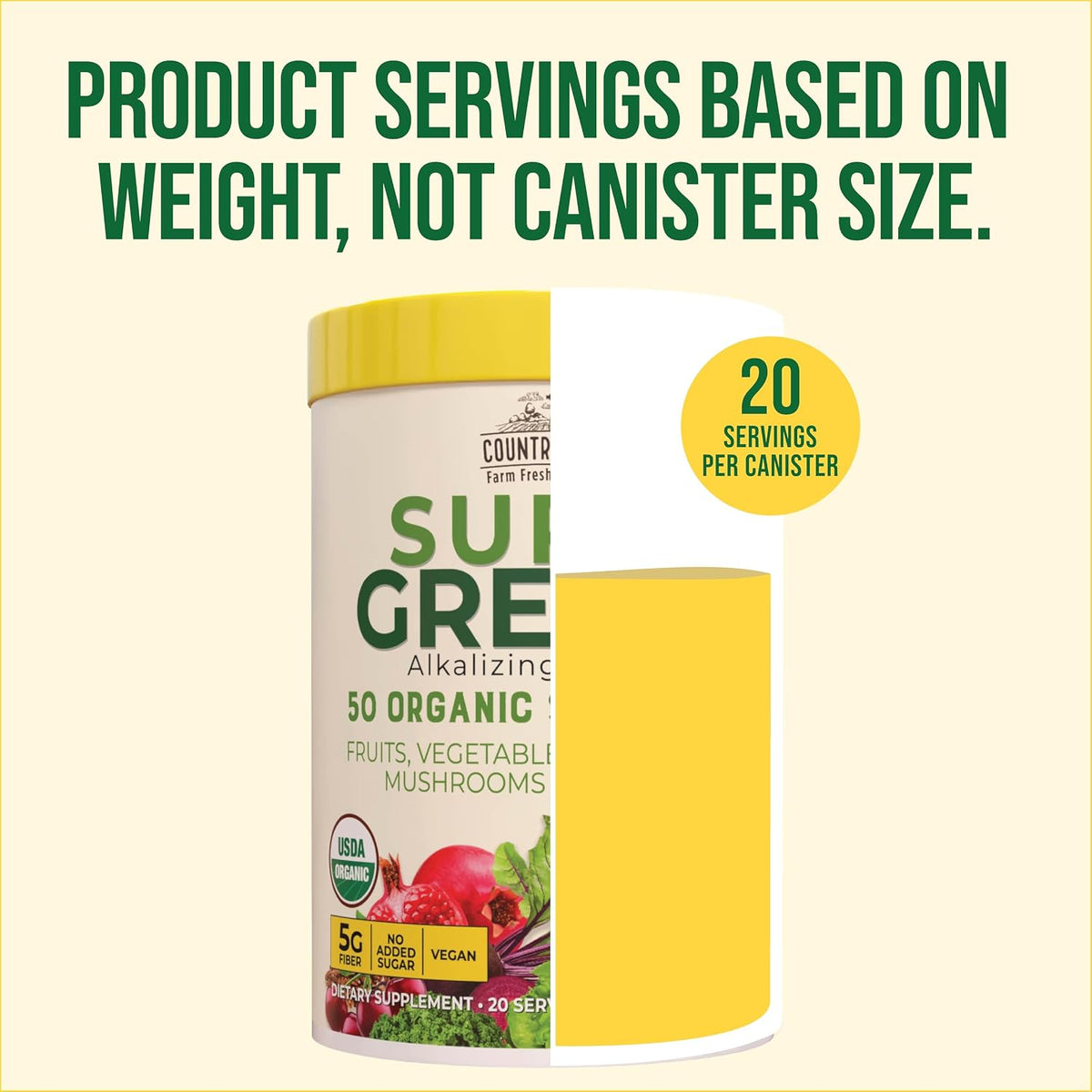 Country Farms Organic Super Greens Powder, Daily Greens Drink Mix with 50 Organic Superfoods, Fruits, Vegetables, Fiber, Mushrooms & Probiotics for Gut Health, Digestion & Energy, Banana Flavor