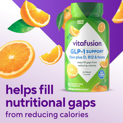 Vitafusion GLP-1 Support Fiber Plus Vitamins D,B12 and Folate Gummy Vitamins,Citrus Flavor,Sugar Free,30 Day Supply,90 Count (Pack of 2)