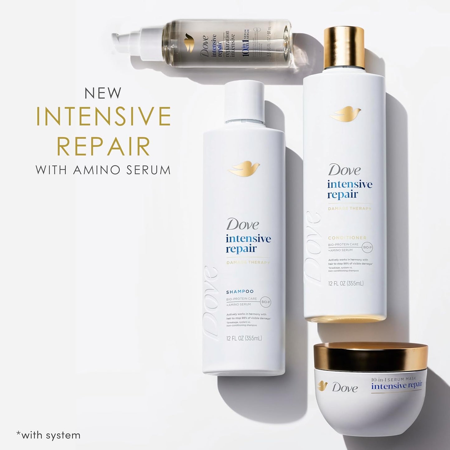 Dove Shampoo 4 count Intensive Repair for Damaged Hair with Bio-Protein Care Technology and Amino Serum 12 Fl Oz