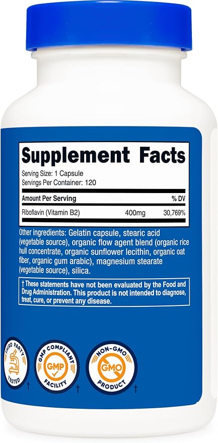 Nutricost Vitamin B2 (Riboflavin) 400mg, 120 Capsules, Gluten Free